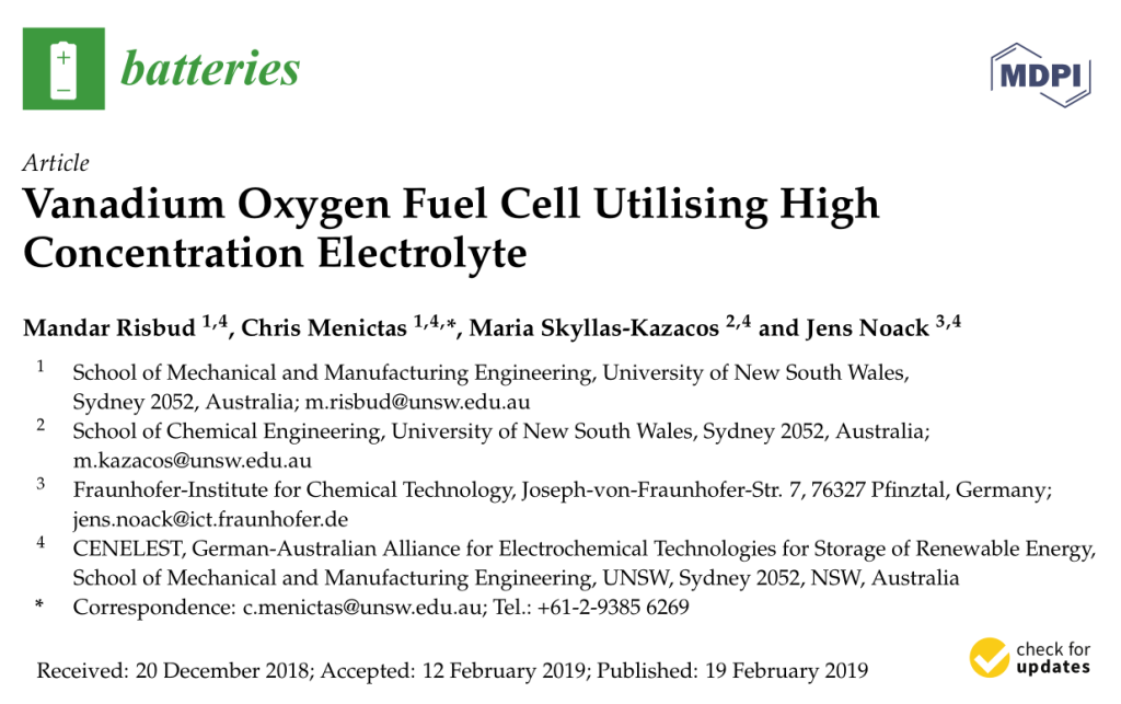Vanadium Oxygen Fuel Cell utilising high concentration electrolyte